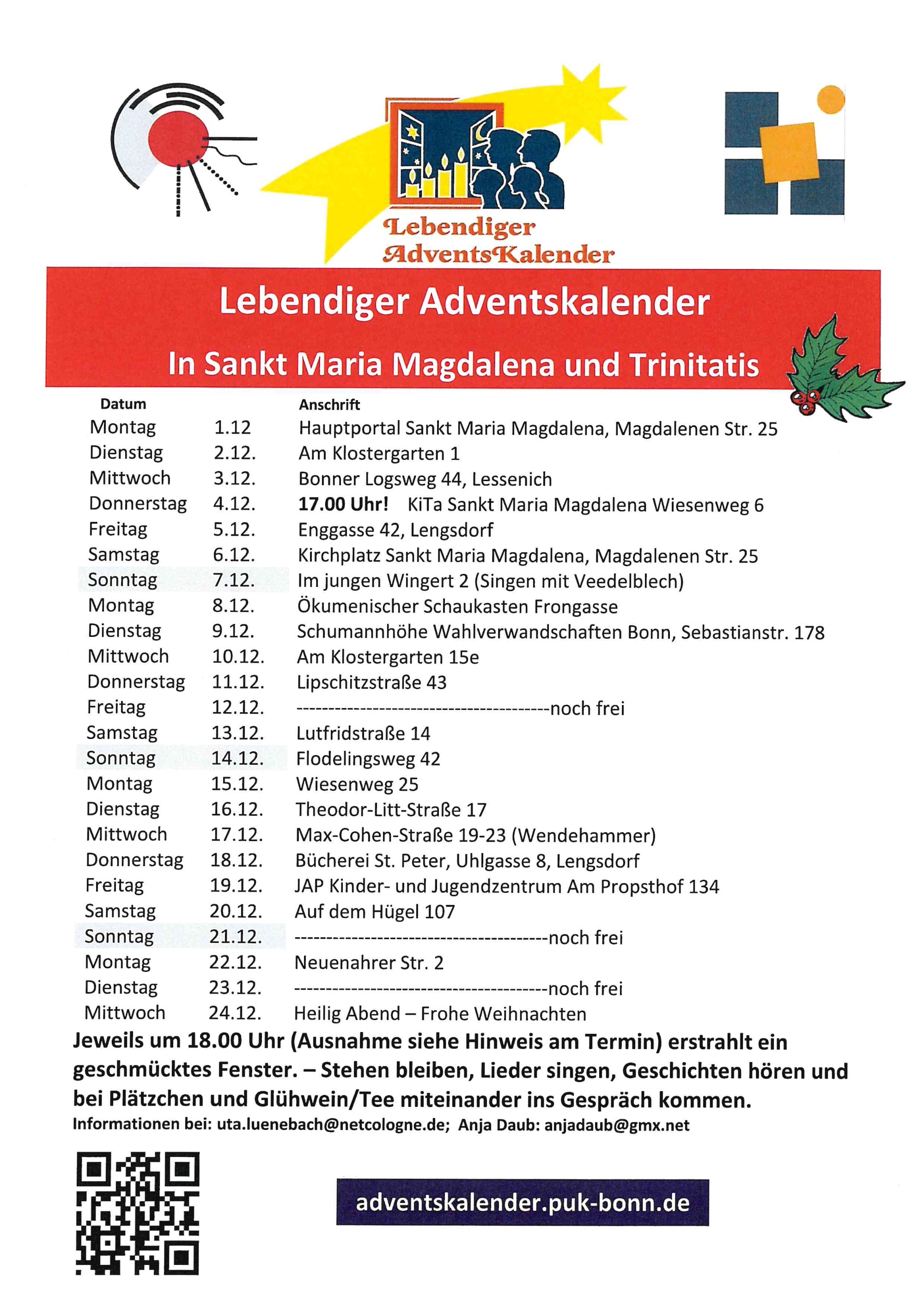 Lebendiger Adventskalender, Termine und Orte